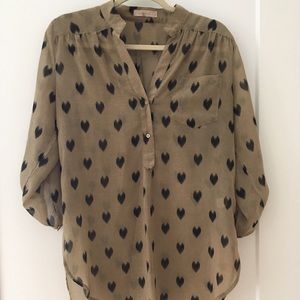 Sheer brown button down shirt with black hearts